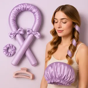 Heatless Hair Curler Kit Satin Sleep Cap Lavender Dream + Scrunchies No Heat Overnight Curls for All Hair Types Soft Satin & Foam Design