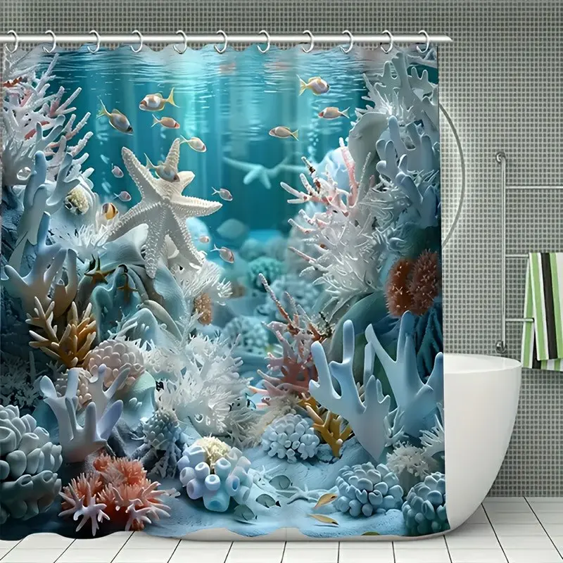 1PC ocean shell series shower curtain, Decorative shower curtain, for bathroom decoration, made of durable polyester material, easy to clean, machine washable, available in multiple sizes, comes with shower curtain hooks