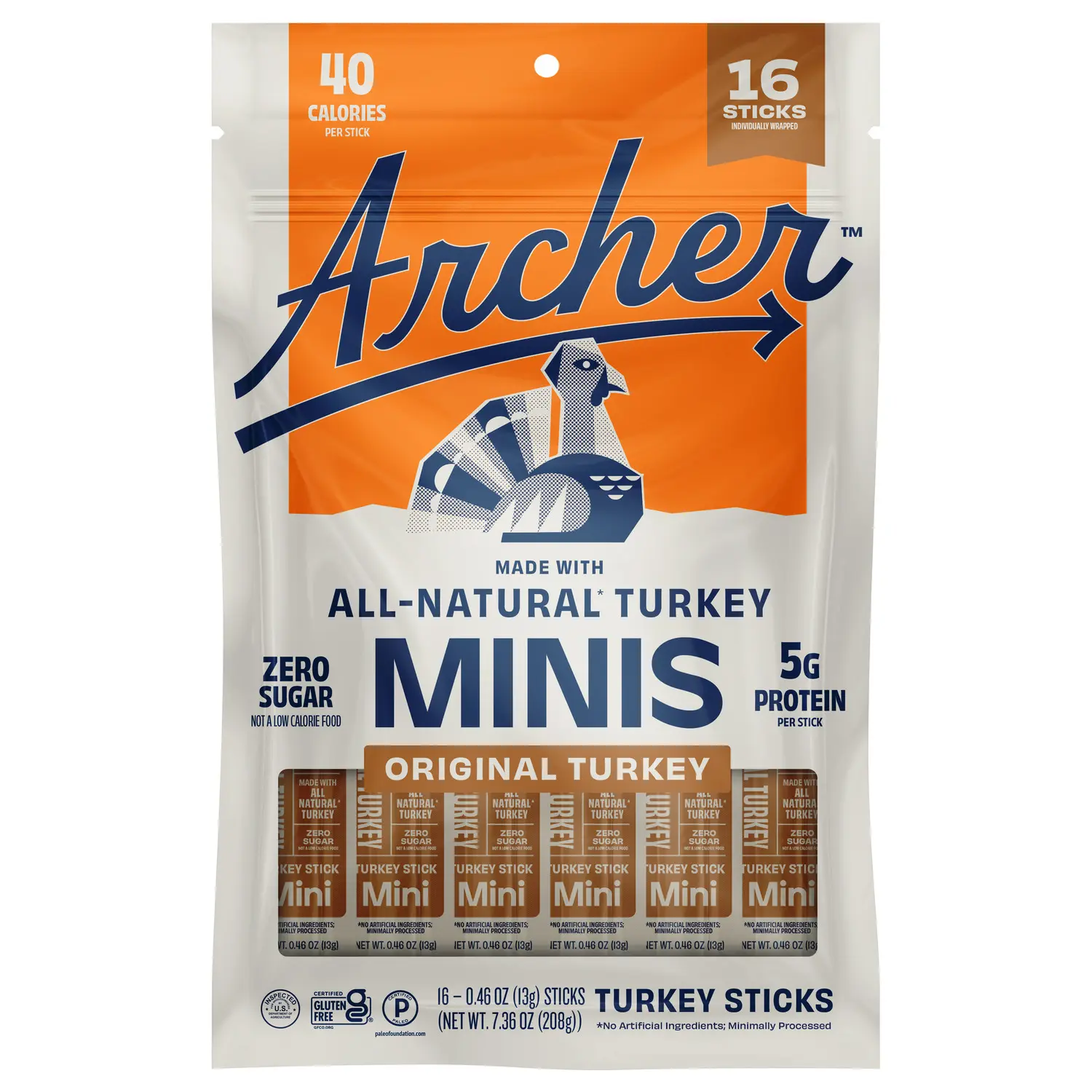 Archer Jerky Original Turkey Mini Sticks - 16ct, 5g Protein, 0 Sugar, Paleo All-Natural Dry High Protein Turkey Dried Meat Snacks, High Protein Snacks,summerwins