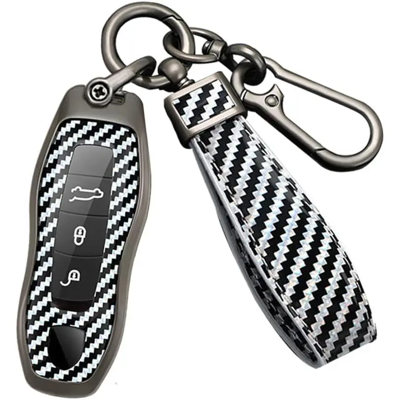 Durable Dustproof Metal-PVC Car Key Fob Cover with Carbon Fiber Texture, 360-Degree Impact-Resistant Protective Case & Keychain for Porsche Cayenne Macan Panamera Boxster 911 Cayman Carrera GT3 Turbo S GT - White Car Interior Accessory, Automobile, Smart,