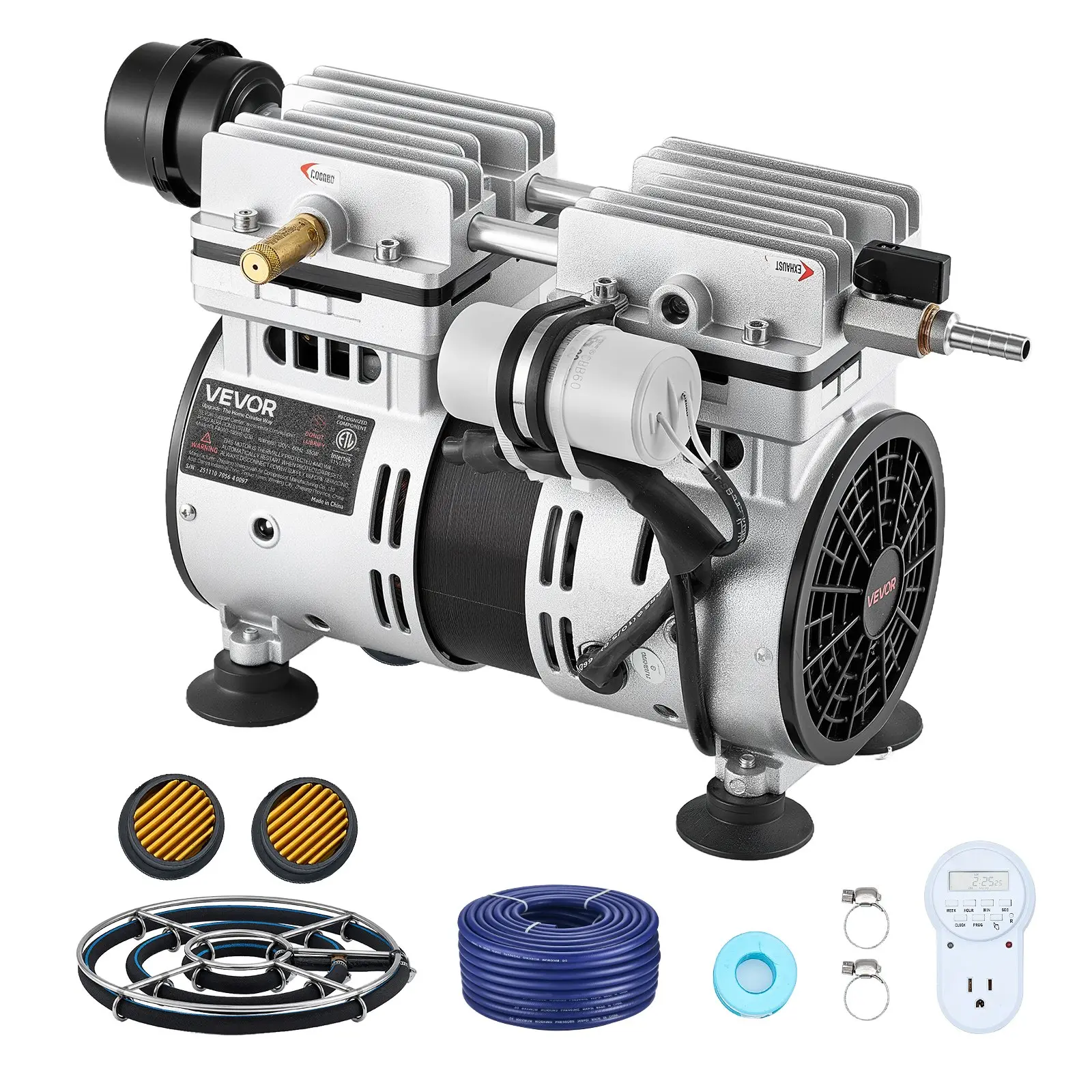 VEVOR Pond Aerator Pump, 3/4 HP Air Compressor, 5.2CFM Aeration System, Single Diffuser, 100' Weighted Tubings, for 3-Acre Outdoor Ponds, Deep Water Oxygen Boost & Circulation