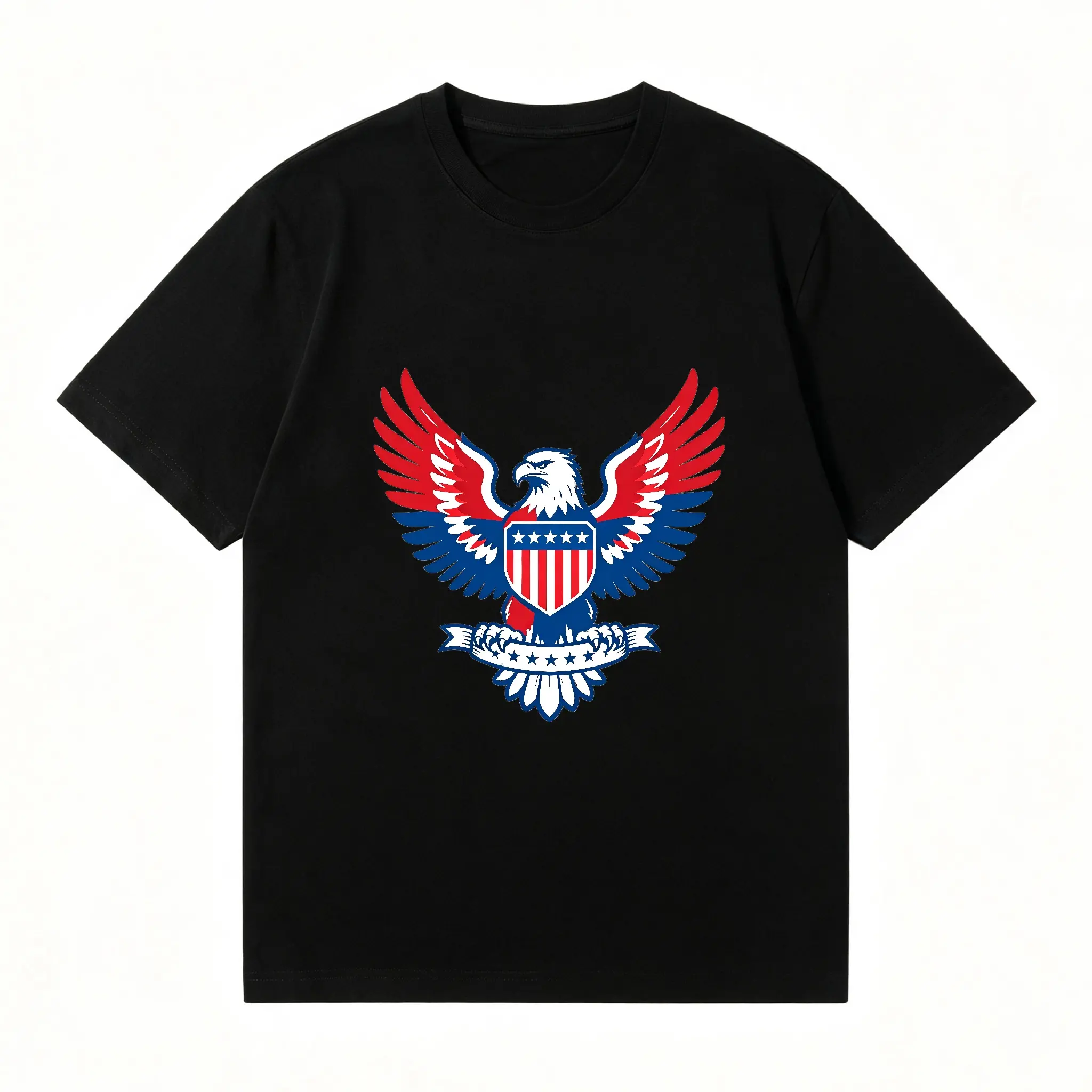 Vintage American Eagle Shield Graphic Black Cotton T-Shirt Men Retro Red White Blue Patriotic Winged Eagle Print Loose Crew Neck Casual Streetwear Unisex Summer Short Sleeve Top
