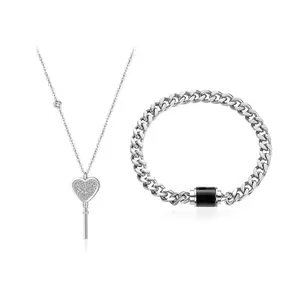 2pcs Heart Key Pendant Necklace Lock Bracelet Couple Jewelry for Women Men