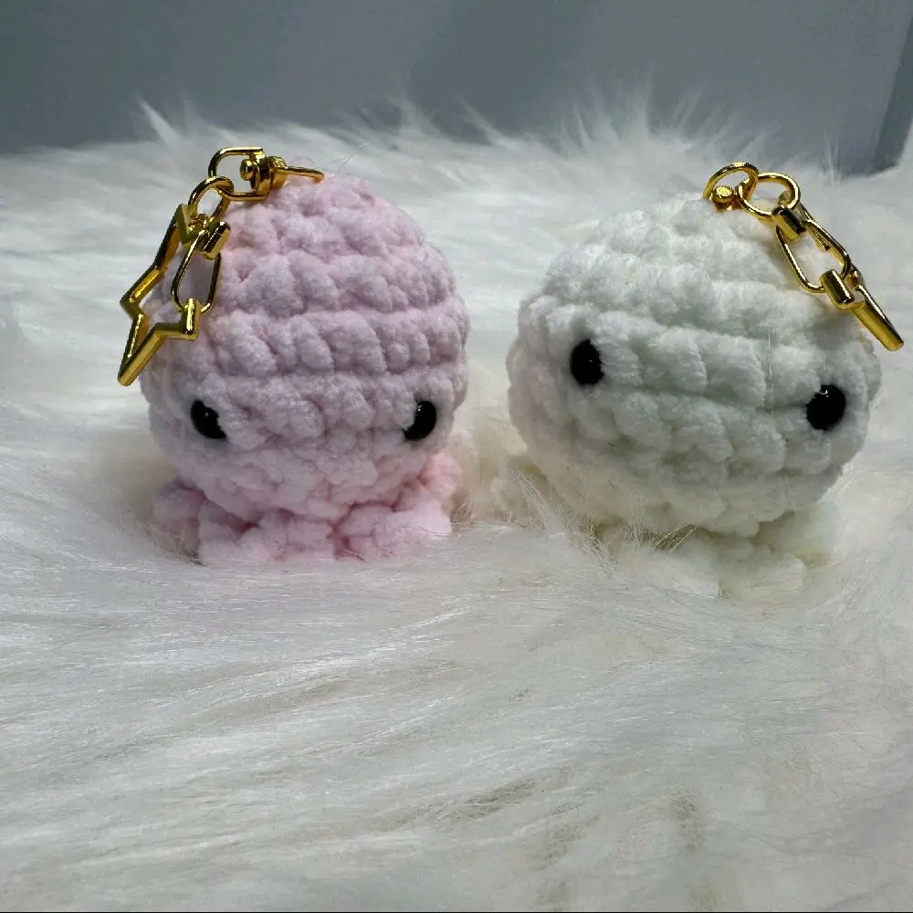 Tiny Octopus Keychain - Soft Crochet Design with Black Eyes, Available in Pink & White, Includes Gold Clasp