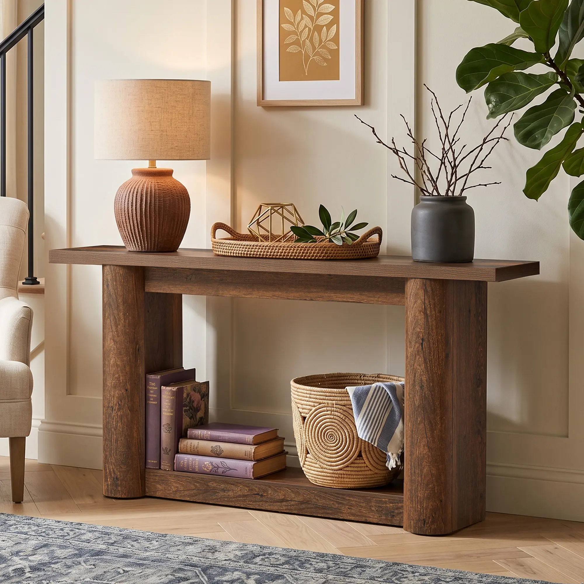 Giratree 63" Long Console Table for Entryway, Farmhouse Narrow Sofa Table, 2 Tier Behind Couch Table Entry Table with Storage, Wooden Foyer Table with U-Shaped Base for Entrance Hallway Living Room