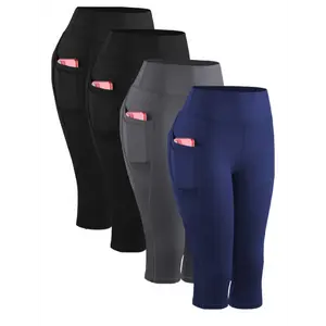 4pcs Plus-Size Women's Capri Yoga Leggings - High-Waist, Stretchy Compression Fitness Pants with Side Pockets, Breathable Knit Fabric in Black, Navy Blue, Gray, Maroon, Athletic Wear|       Stylish Activewear|       Sleek Texture