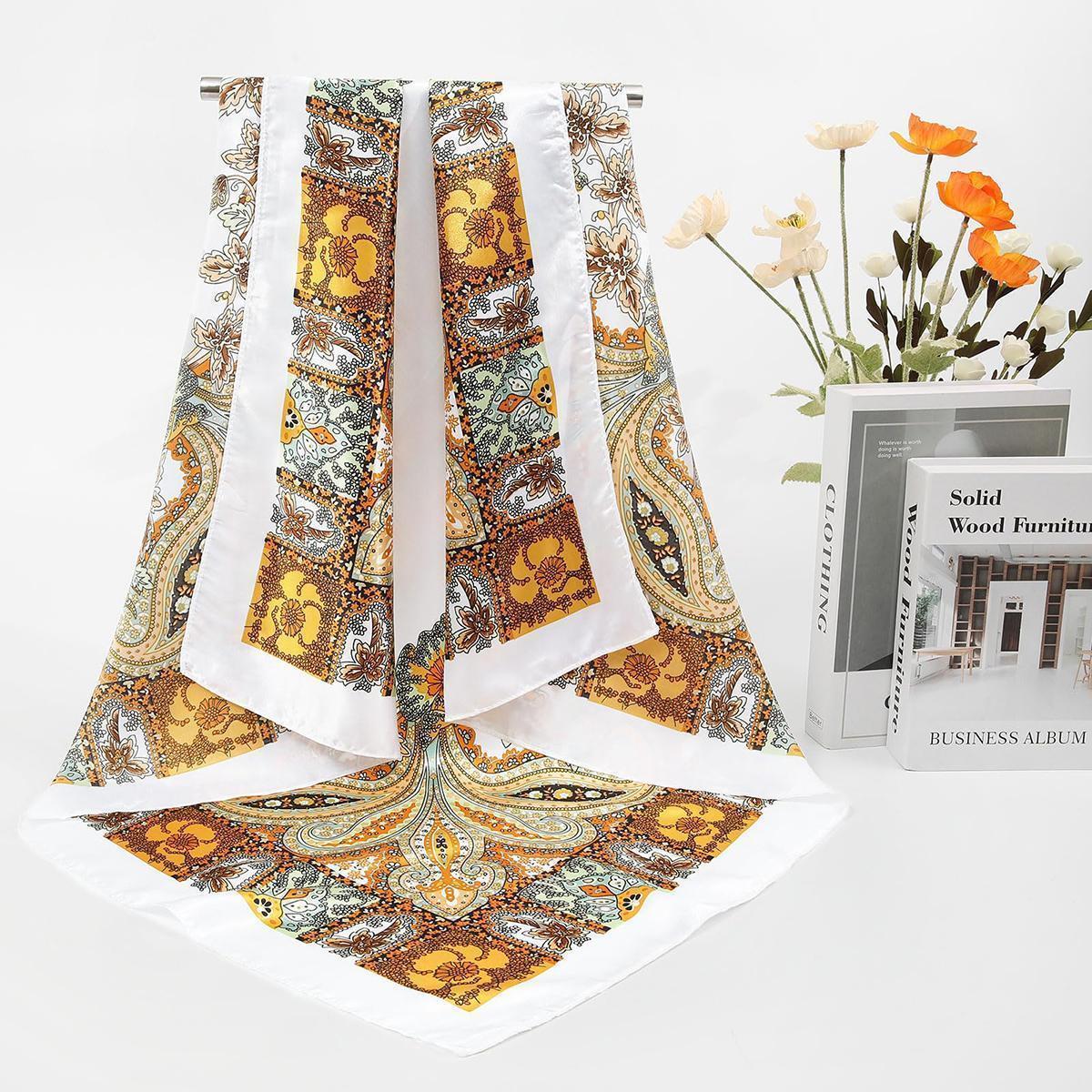 AWAYTR Women's 4-Pack Square Scarves Set - 35" Large Silk-Like Satin Floral Pattern Shawl, Matching Headscarf, Neck Scarf Bandana, Bandana Style Fashion Accessory
