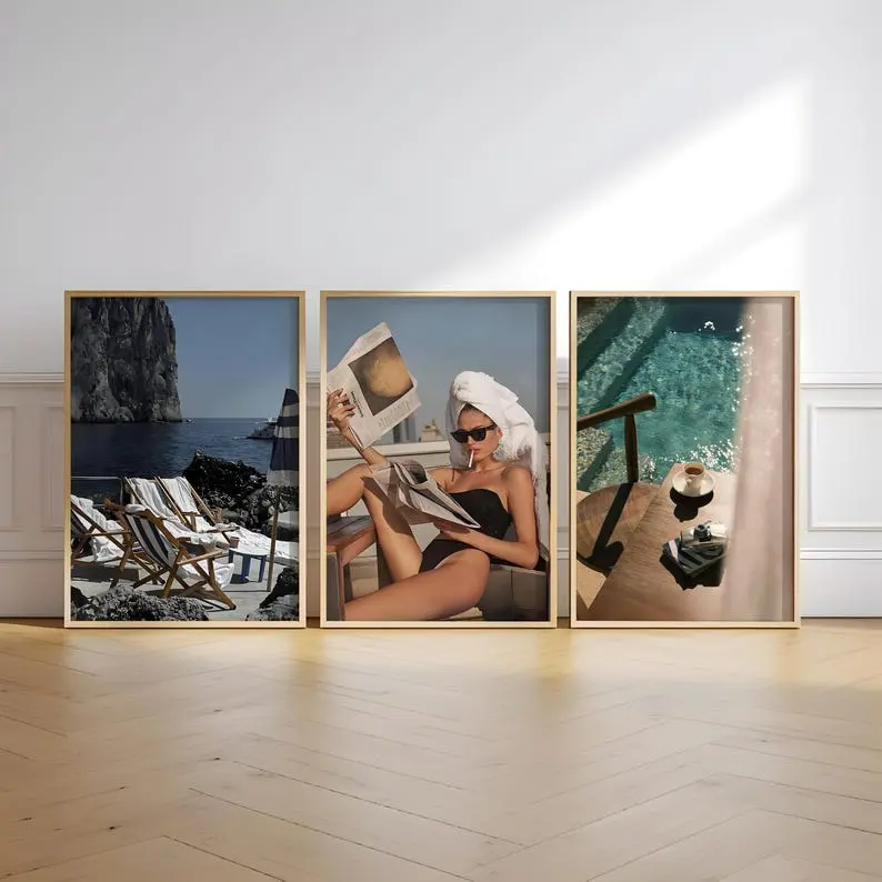 Coastal Summer Poster Set of 3, Luxury Beach Vacation Wall Art Prints, Mediterranean Travel Decor, Poolside Aesthetic Gallery Wall Collection