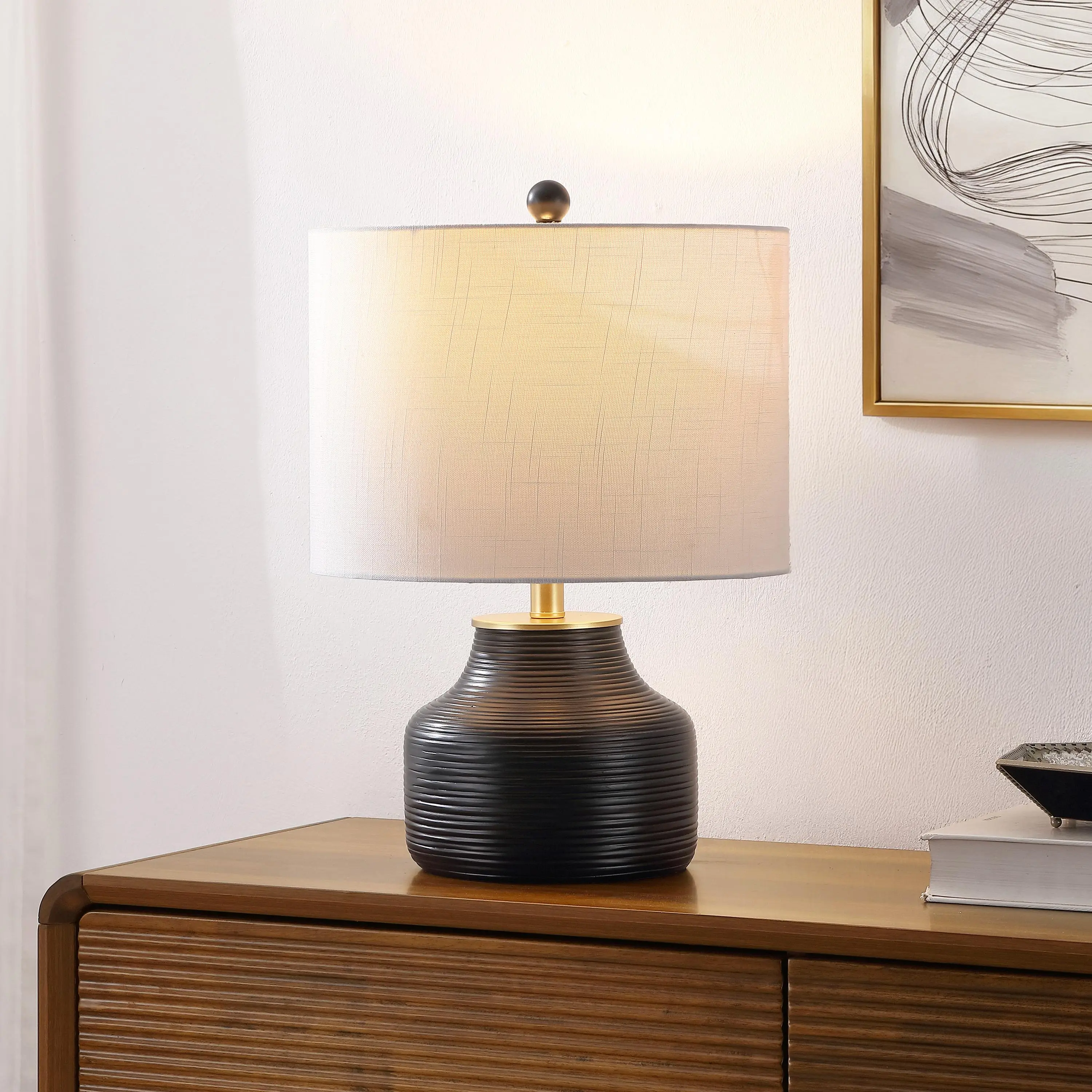 JONATHAN Y Malone 20" Ribbed Tapered Ginger Jar Metal Table Lamp | Resin Body, White Linen Drum Shade, Gold Finish Hardware, LED Bulb Included, Modern Transitional Style