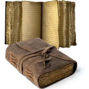 Vintage Leather Journal Lined Pages with Key - Antique Handmade Deckle Edge Vintage Paper Leather Bound Journal - Book of Shadows Journal - Leather Sketchbook Drawing Journal Great Gift