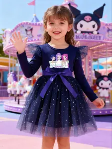 2026 Latest Spring Autumn Dress, Cartoon Long Sleeve Dress, New Year Party Dress, Lace Fly-Sleeve Design, Girls' Gift Choice