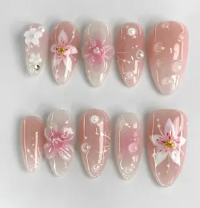 3D Flowers Medium Almond Press On Nails, Nails Design Art , Birthday nails gift, Holiday Nails Satamiis