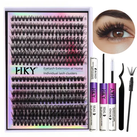 HKY DIY Lashes Kit - Pre-Made Eyelash Cluster False Lashes & Adhesives, Waterproof Vegan Bond & Seal, Beginner-Friendly Tools, Reusable Korean FBT Synthetic Fibers (8-16mm, 30D/40D, D Curl) for At-Home Layer Clusters Fuller Volume, Natural Look Makeup