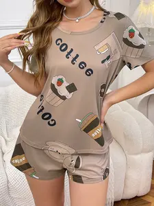 Comfortable Coffee Lover Sleepwear Set, Soft Breathable Pajamas for Home Relaxation, Perfect Gift for Her, Casual Loose Fit Nightwear