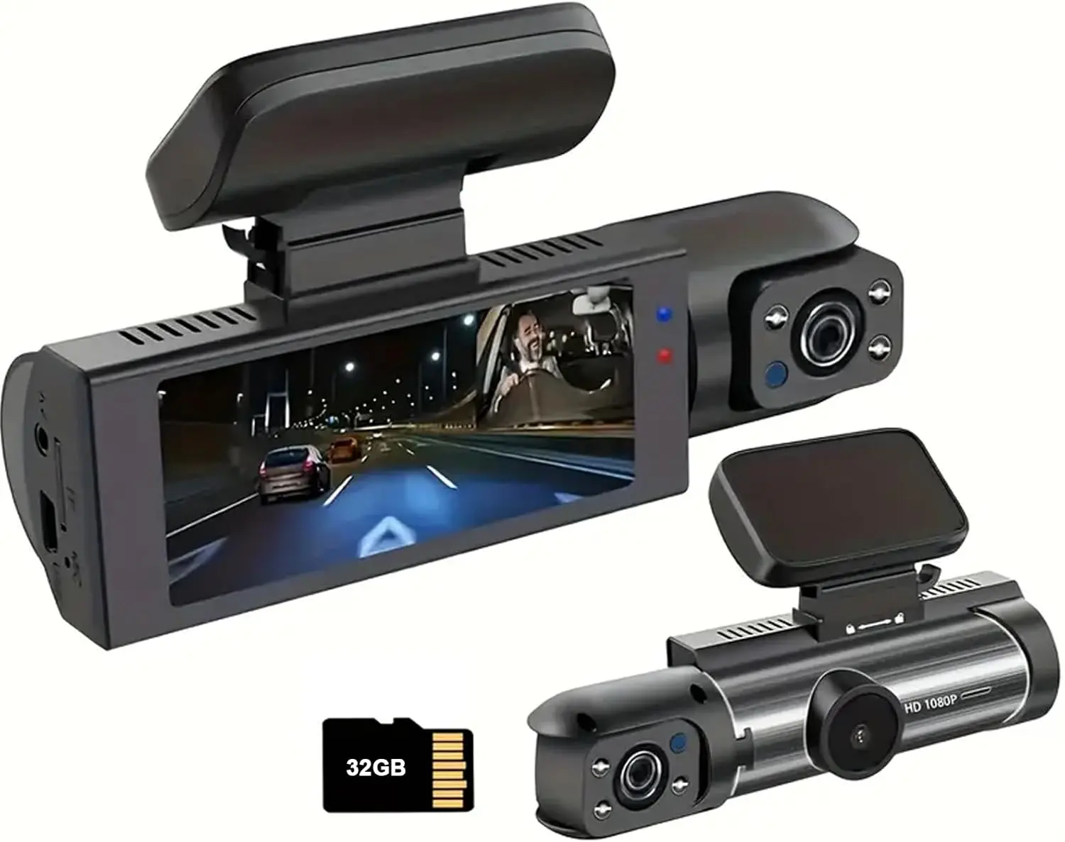 Whatook 1080P Dual Camera Dash Cam - IR Night Vision, Wide Angle Lens, Loop Recording, 3.16 Inch IPS Screen, Parking Mode, 32GB TF Card