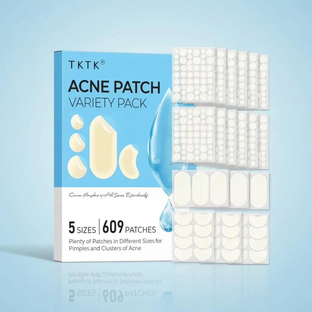 TKTK 609 Pimple Patches Bulk Pack, Hydrocolloid Acne Patches for Face, Blemish & Zit Stickers for Cheeks, Forehead & Chin, 5 Sizes (Dots, Strips, Contoured)