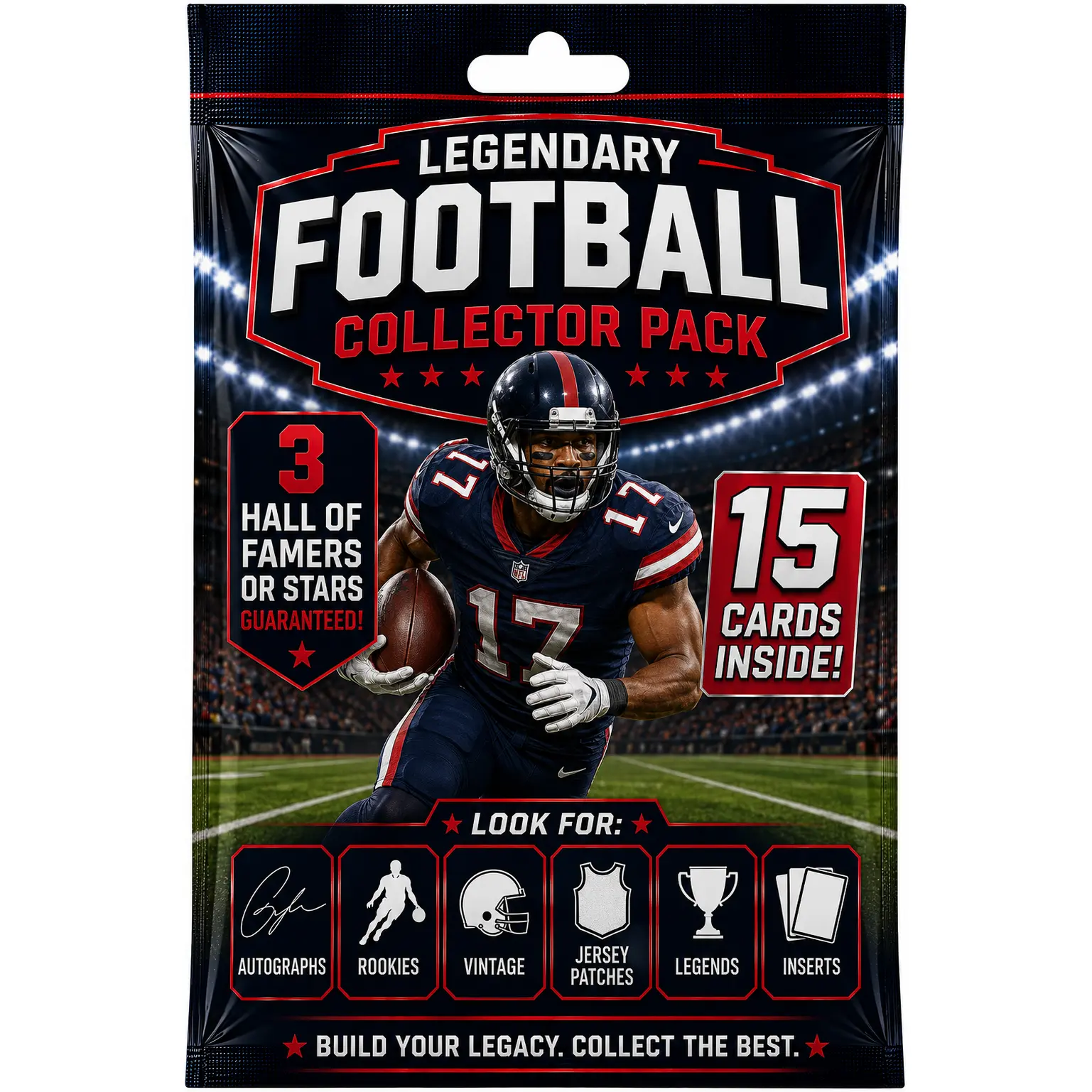 Legendary Football Collector Pack - 15 Cards Inside with 3 Hall of Famers or Stars Guaranteed - Autographs Rookies Vintage Jersey Patches Legends Inserts