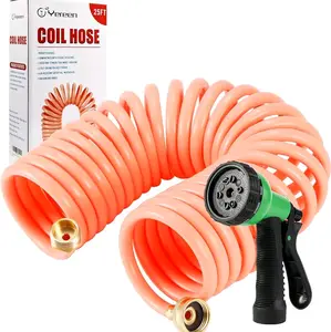 Yereen Coil Garden Hose 25FT, EVA Recoil Garden Hose, Self-coiling Water Hose with 3/4" Connector Fittings with 8 Function Spray Nozzle, Creamy Orange