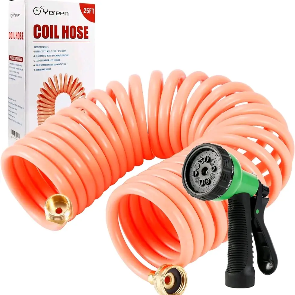 Yereen Coil Garden Hose 25FT, EVA Recoil Garden Hose, Self-coiling Water Hose with 3/4" Connector Fittings with 8 Function Spray Nozzle, Creamy Orange
