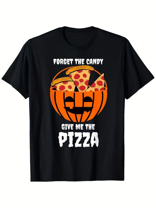 Men's Halloween Casual Tshirt - Funny "Forget The Candy Give Me The Pizza" Graphic Tee, Pumpkin Pizza Print for Enthusiasts