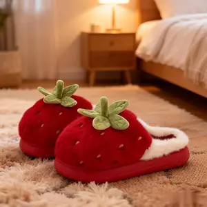 Strawberry Slip-On Slippers for Women – Winter Warm House Shoes with Non-Slip EVA Sole, Soft Cozy Indoor/Outdoor Wear, Cute Unisex Christmas Gift