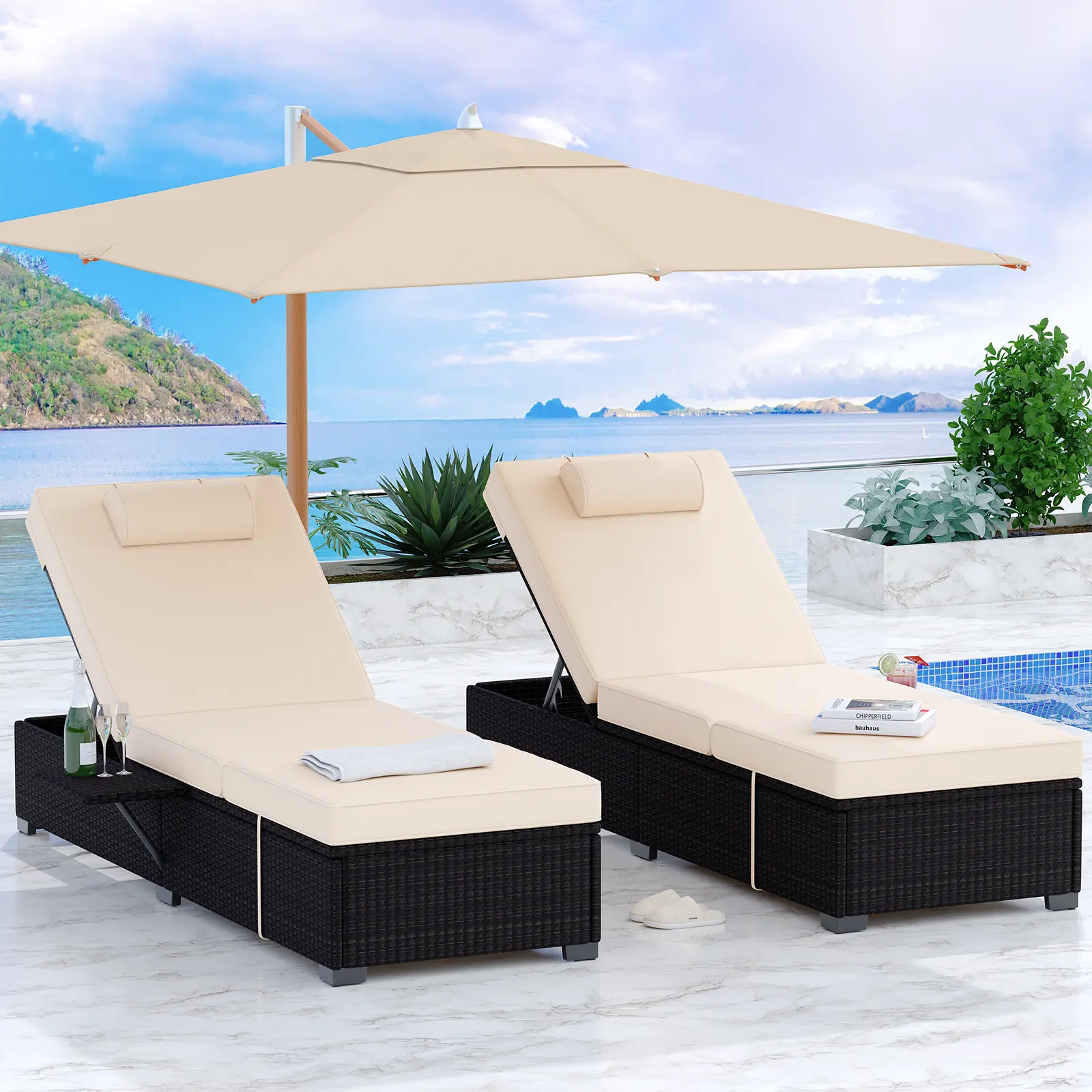 Garvee Set of 2 Outdoor PE Wicker Chaise Lounge Chairs – Adjustable Reclining Sun Loungers with Removable Tabletop & Cushions – All-Weather Rattan Patio Furniture for Poolside, Garden, or Deck
