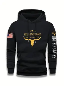 Men's Casual Hooded Sweatshirt, Yellowstonedutton Ranch Usa Flag Print, Kangaroo Pocket Drawstring Design, Street Style Fall & Winter, Casual Fitted Sweatshirt, Graphic Hoodie