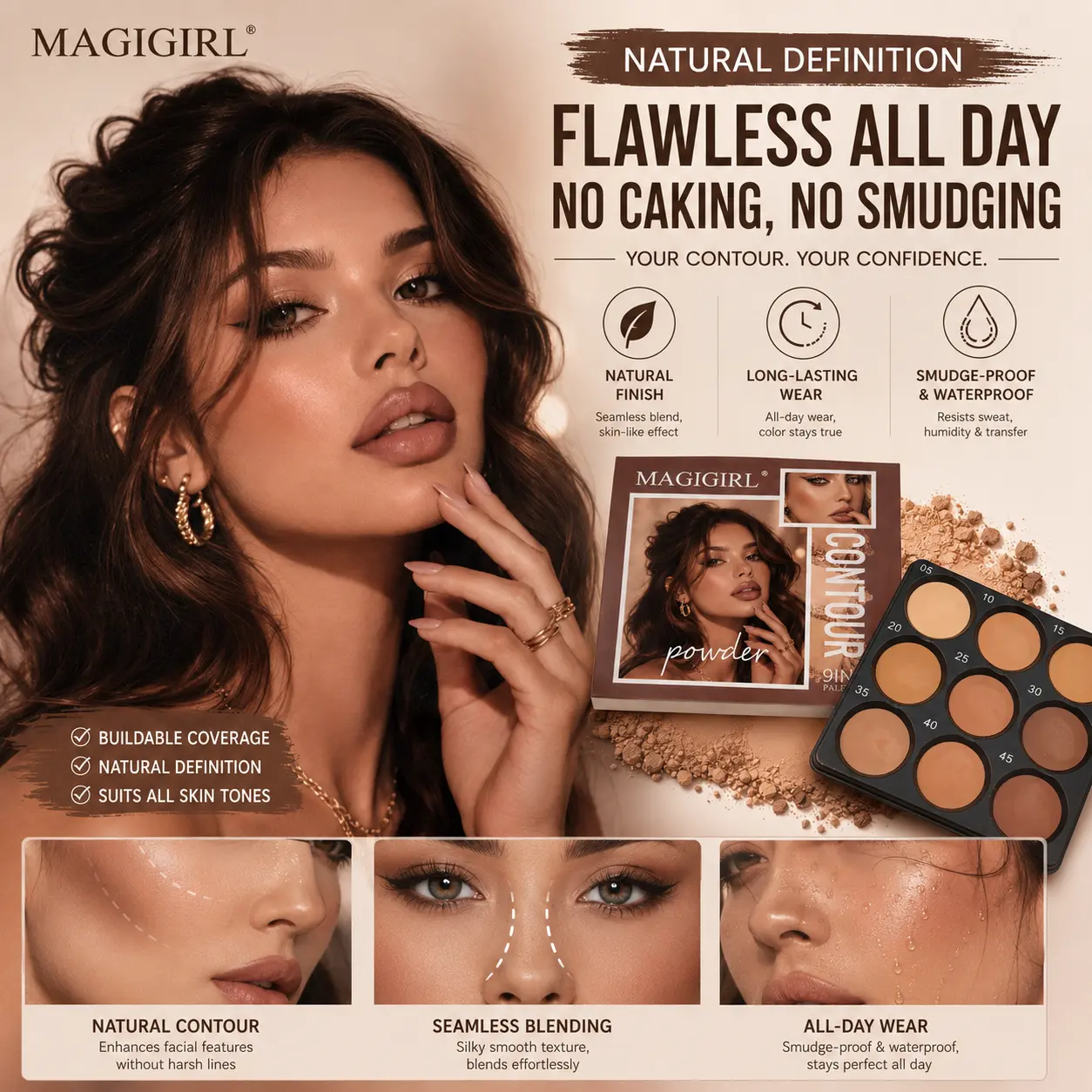 MAGIGIRL 9 Color Contour Palette & Makeup Kit, Long Lasting Waterproof Bronzer & Highlight Powder for Face Sculpting, Blendable Matte Finish for All Skin Tones, Compact with Brush, Contouring