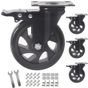 5 Inch Swivel Caster Wheels Set of 4 Heavy Duty Casters with Brake Polyurethane Locking Casters for Cart Workbench Trolley Load 2200lbs Black Two Hardware Kits