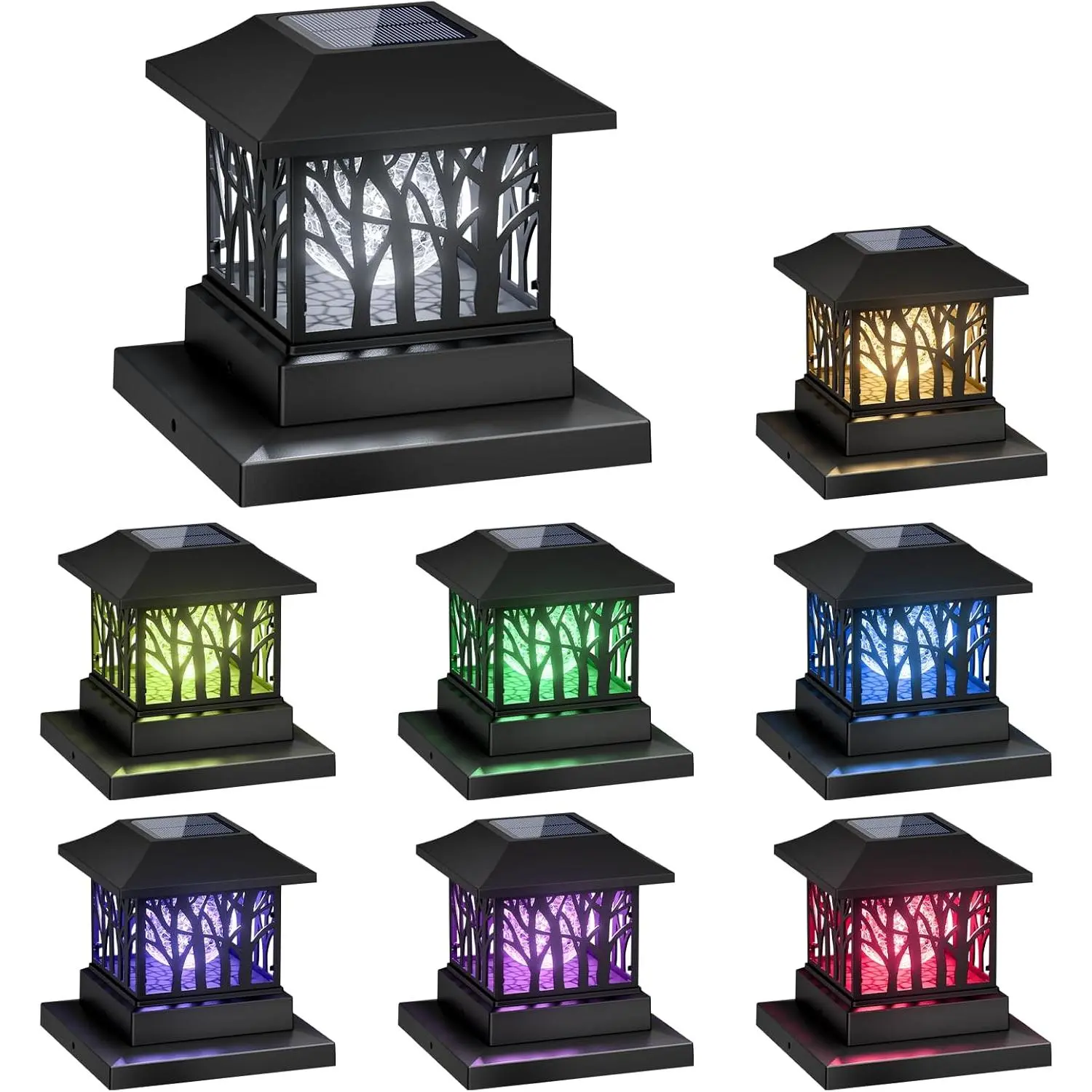 8-Pack Solar Post Cap Lights - Solar Garden Lamps with Crackle Glass Bulbs, 4 Lighting Modes, Waterproof, for 4x4/6x6 Wooden Posts, Outdoor Fence Decor, Solar Illuminated, White Light