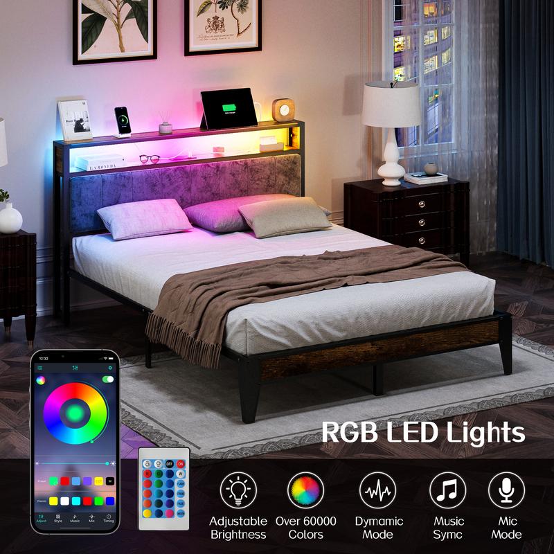 DAYAGO Twin/Full/Queen/King Bed Frame Metal Platform Bed with Headboard, 2-Tier Storage and LED Light, Charging Station Type C & USB Ports, No Box Spring Needed gamer  bed