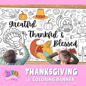 Thanksgiving Coloring Banner | Happy Thanksgiving | Pumpkins, Blessed, and Thankful | Giant Coloring Banner Paper Table Runner Tablecloth