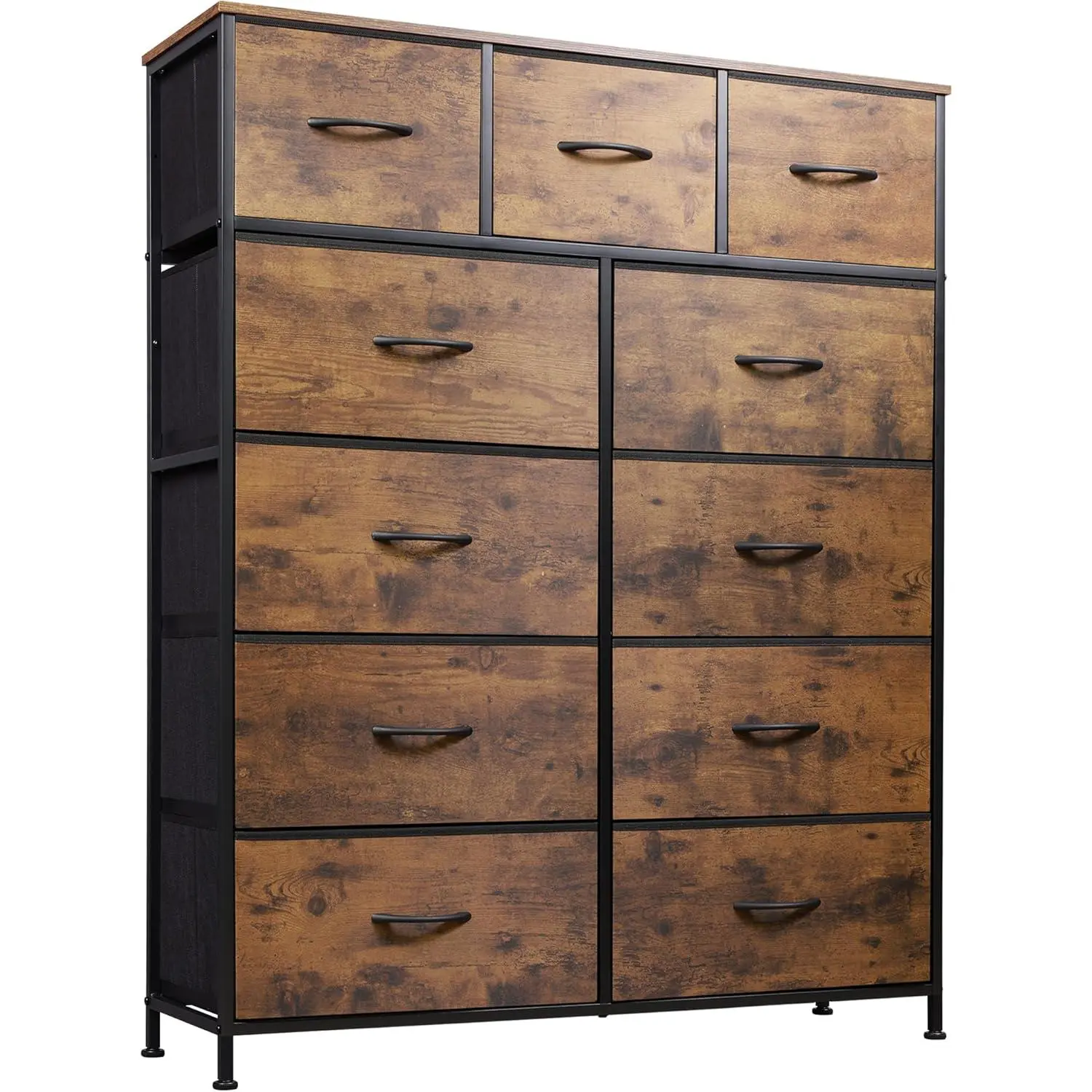 Storage Organizer Unit with 11 Fabric Bins, Storage Drawers Organizer with Steel Frame, Tall Storage Tower Organizaton for Living Room, Hallway, Office, Rustic Brown