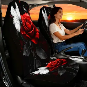 Set of 2 White Butterfly and Red Rose Car Seat Covers, Car Seat Cushions, Designed for Front Seats, High-Back Design, Polyester, Perfect for Cars, SUVs & Trucks, Ideal for Female Car Decoration
