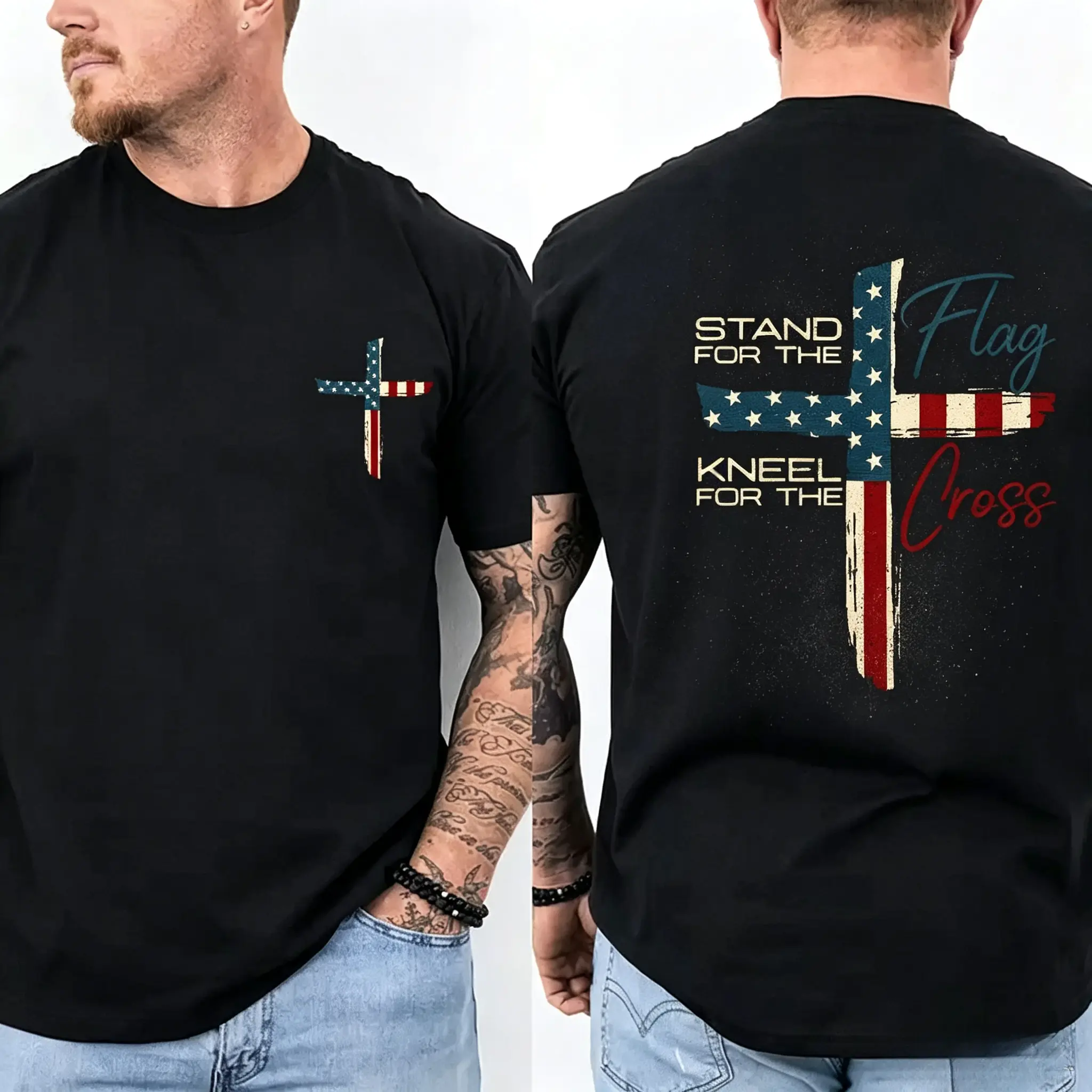 Patriotic Christian Faith T Shirt Stand for Flag Kneel for Cross Religious Shirt American Pride Cross Design Tee for Men Conservative Christian Cotton Clothing Streetwear Classic Everyday Wear Casual Tops