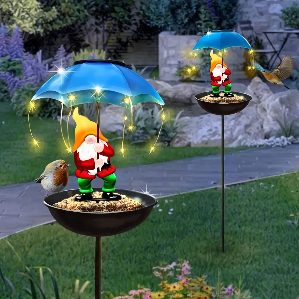 New Outdoor Solar Garden Gnome Bird Feeder With IP65 Waterproof LED Lights IP66 Waterproof LED Lights, Festive Gnome Statue With Flickering Solar String Lights For Lawn Garden Yard Porch Halloween Christmas Decor Gift