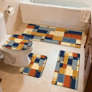 3/4pcs Bathroom Non-Slip Mat Set, Blue and Orange Square Patch, Soft Thickened Polyester Bath Rug, Quick-Drying, Home Decor Shower Door Mat, Bathroom Entry Door Mat, Bedroom Hallway Door Mat, Machine Washable, Velvet, Rectangular, Machine Made