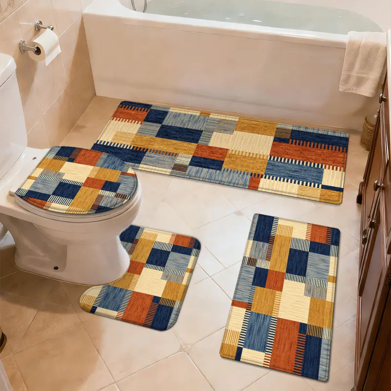 Joyfinity 3/4pcs Bathroom Non-Slip Mat Set, Blue and Orange Square Patch, Soft Thin Polyester Bath Rug, Quick-Drying, Home Decor Shower Door Mat, Bathroom Entry Door Mat, Bedroom Hallway Door Mat, Machine Washable, Velvet, Rectangular, Machine Made