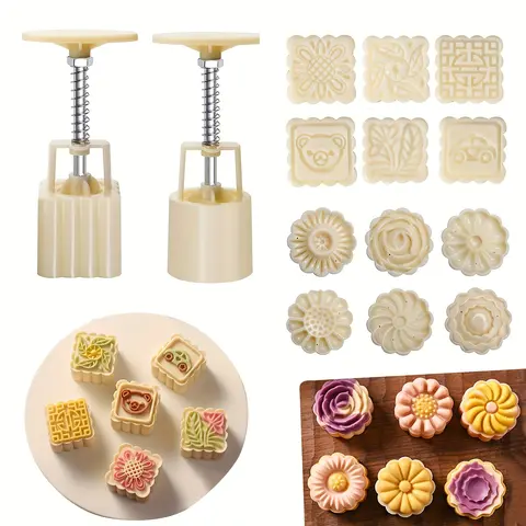 Moon Cake Maker Bakeware Set - 2 Plastic Molds, Baking Supplies, 6×6 Stamp Variety (Round, Flower, Square Duo Patterns), DIY Hand Press Cookie Stamps, Mid Autumn Festival Pastry Tool, Cookie Cutters