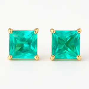 Colombian Emerald Stud Earrings: 14k Gold or Sterling Silver, Princess Cut