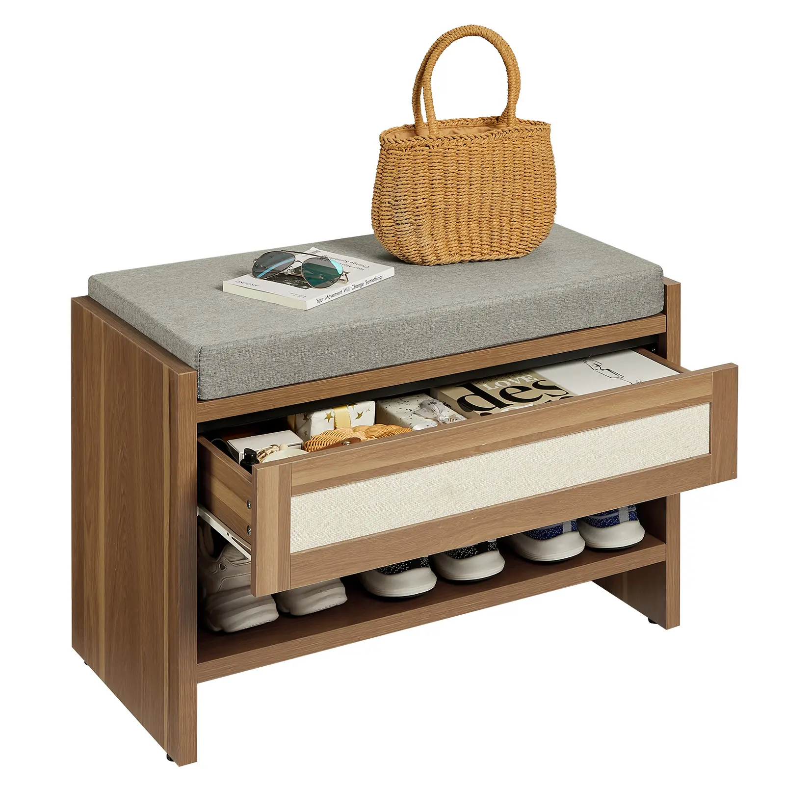 Gaomon Rectangular 31x15x20in Rustic Farmhouse Solid Wood Grain Entryway Shoe Bench - Hidden Drawer, Linen Cushion, Open Shelving, Manual Assembly (Requires Tools), Single Seat Wood & Rattan Farmhouse Home Decor
