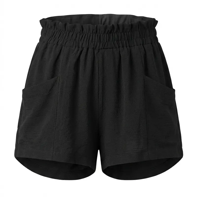 These are  Classic Concepts black paperbag waist shorts with pockets and a ruffled elastic waistband. Size L
