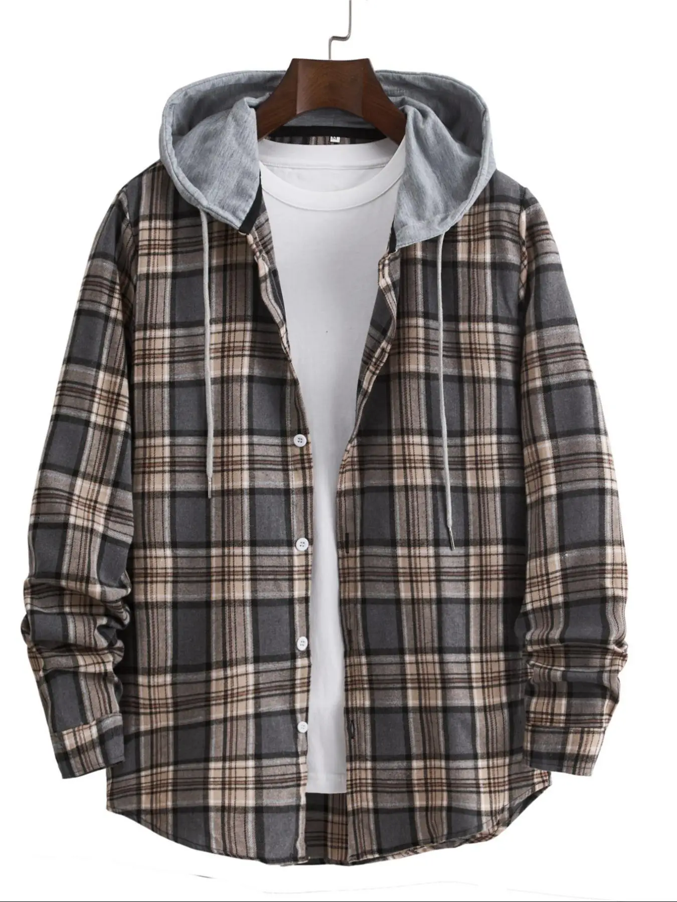 Men's New Trendy Regular Fit Plaid Print Button Front Drawstring Hooded Shirt, Menswear, Casual Long Sleeves Shirt Without Inner Top for All Seasons,