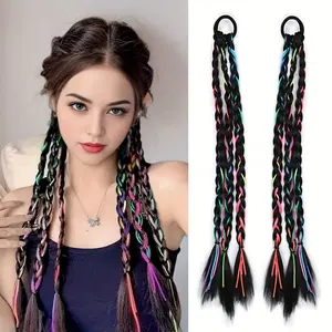 Colorful Braided Ponytail Extensions 2Pcs 16 Inch Tinsel Mixed Box Braids with Hair Tie, High Temperature Fiber Braids Hair Extensions for Women Girls Party Daily Wear