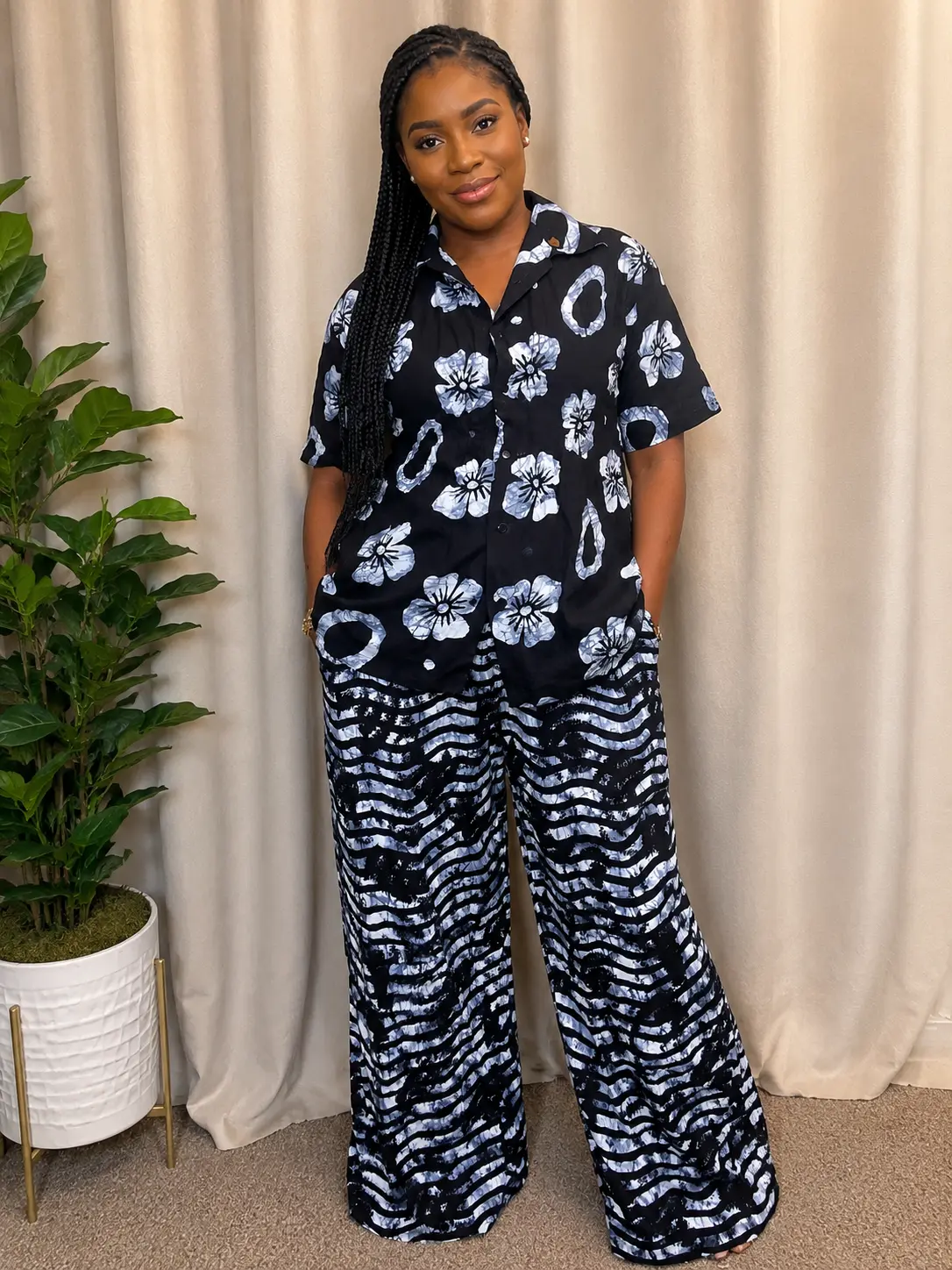 Women's Ankara Wax Peplum Top & Wide Leg Pants Set | Elastic Waist | African Print 2-Piece Outfit