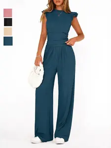 Fashionable Women's Summer Two-Piece Set, Solid Color Ruffle Wide Leg Pants, Casual Stylish, New Arrival Ladies' Clothing