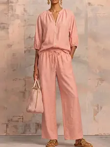 2pcs Women's Casual LoungeWear Set, Loose Fit Zipper Top and Wide Leg Pants, Simple Color Daily, Essential Relaxation Clothing