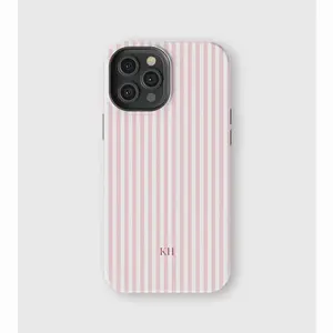 Personalized Pink Striped Smartphone Cover, Customized Monogram Aesthetic Design for iPhone 17,16,15,14,13,12,11,X,Pro Max,Plus - Tough Shockproof Protection for Devices, Beachy Preppy Style Cellphone Accessory (No Warranty), Accessories, Casing