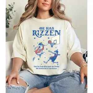 He Is Rizzin Funny Jesus Basketball Meme Unisex Tshirt, He is Risen Funny Easter, Jesus Playing Basketball, Retro Y2K Christian Faith Religious