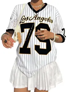 Brave-Luxe Women's Street-Style Cool Vintage Sport Soccer Oversized Jersey Shirts for Women V Neck Tshirt Striped Number Graphic Tee Los Angeles Letter Print Y2k Streetwear Top SpringStatements